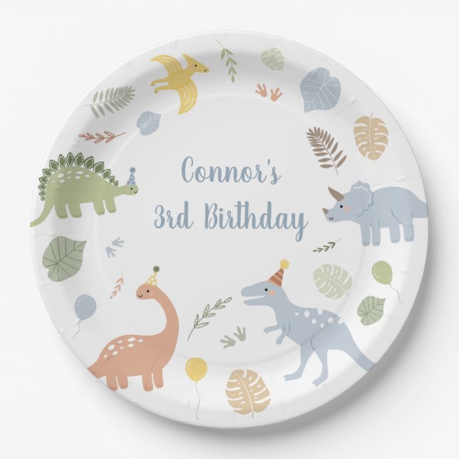 Plato De Papel Cumpleaños de Blue Boy Boho Dinosaur (Anverso)