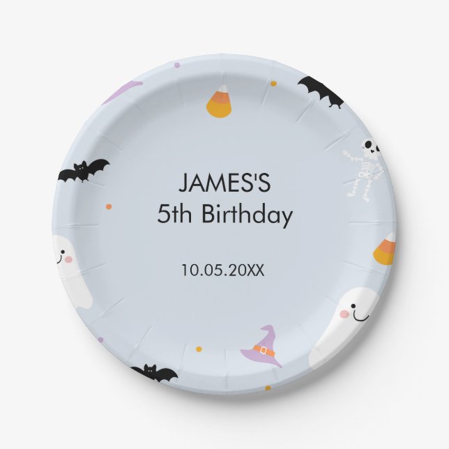 Plato De Papel Cumpleaños de Blue Cute Halloween (Anverso)