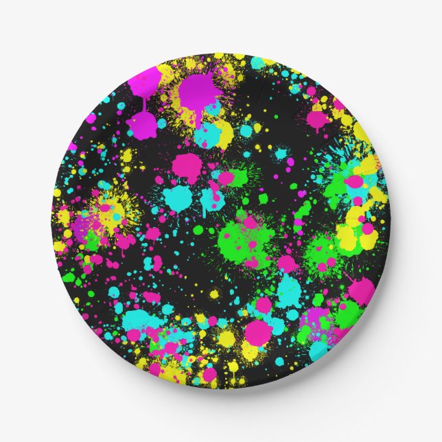 Plato De Papel cumpleaños de brillo de pintura neón (Anverso)