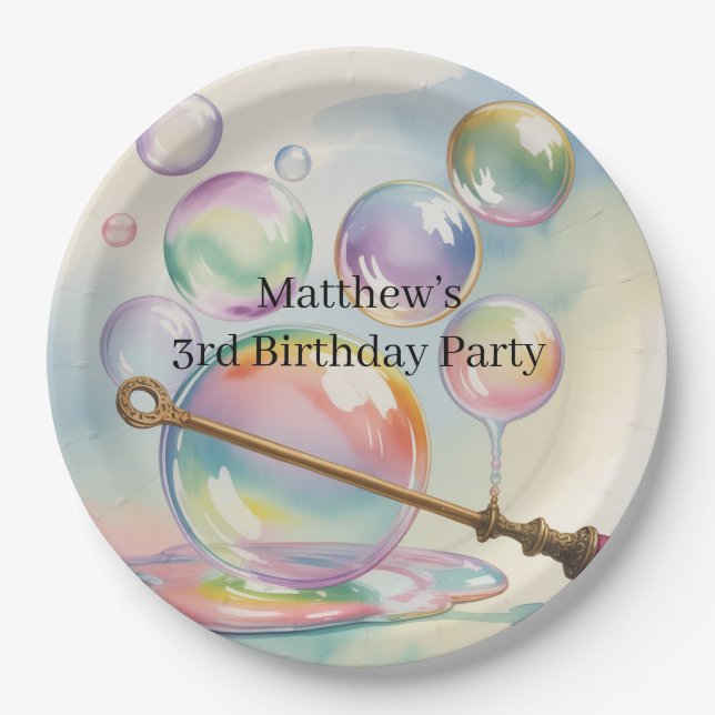 Plato De Papel Cumpleaños de Burbujas de Arcoíris Pastel (Anverso)