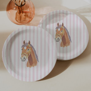 Plato De Papel Cumpleaños de caballo con franja rosa femenina