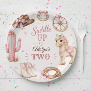 Plato De Papel Cumpleaños de caballo vaquero occidental rosa lind