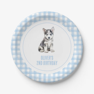 Plato De Papel Cumpleaños de cachorro con cuadros preppy