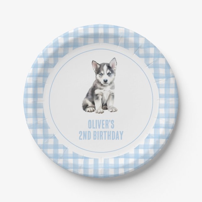 Plato De Papel Cumpleaños de cachorro con cuadros preppy (Anverso)