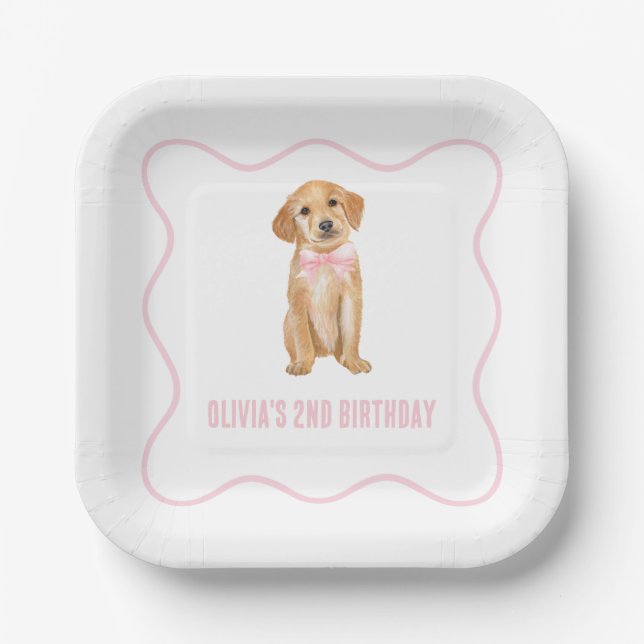Plato De Papel Cumpleaños de cachorro con cuadros rosados preppy (Anverso)