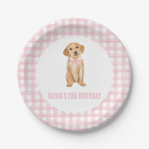 Plato De Papel Cumpleaños de cachorro con cuadros rosados preppy
