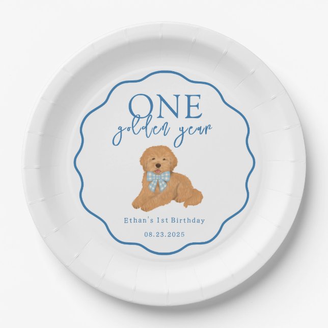 Plato De Papel Cumpleaños de cachorro doodle de un año dorado (Anverso)
