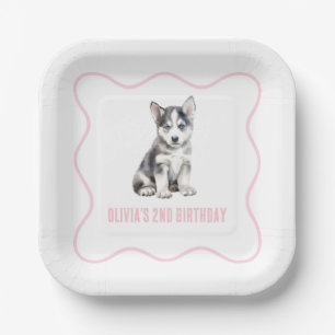 Plato De Papel Cumpleaños de cachorro husky preppy de cuadros ros