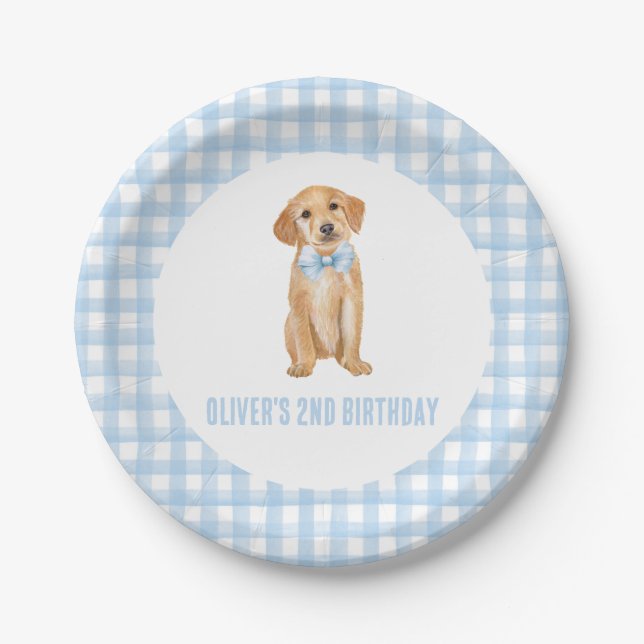 Plato De Papel Cumpleaños de cachorro preppy de cuadros (Anverso)