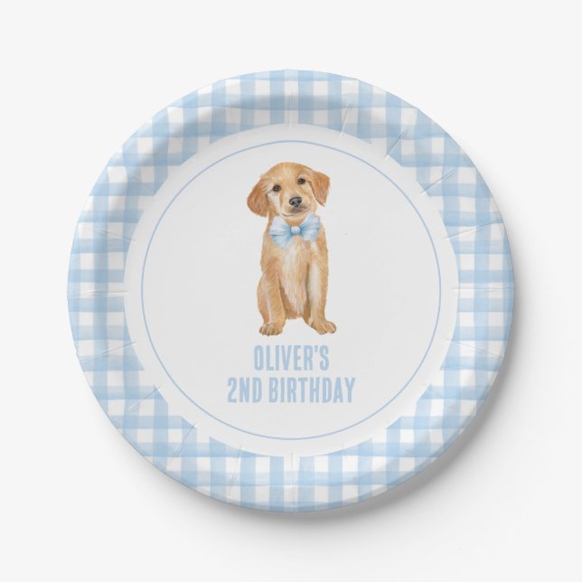 Plato De Papel Cumpleaños de cachorro preppy de cuadros (Anverso)