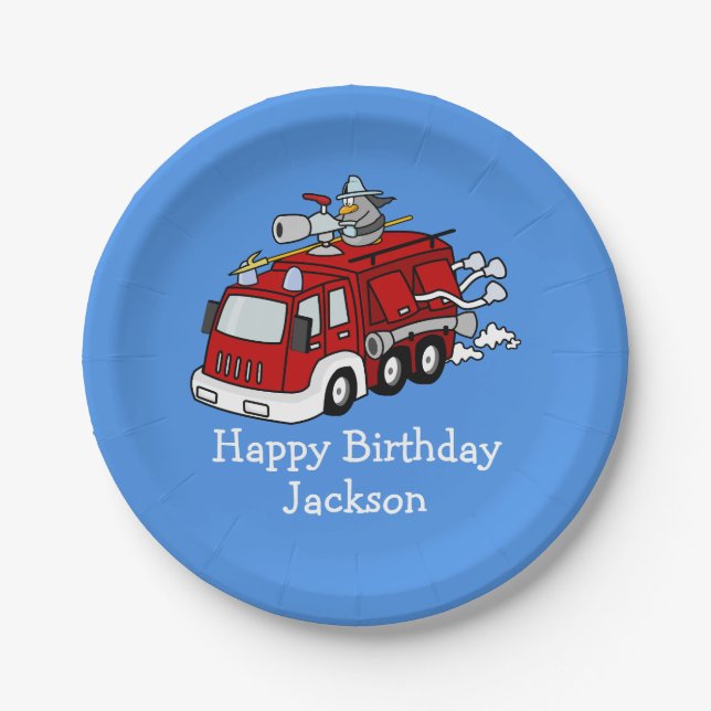 Plato De Papel Cumpleaños de Camión de Bomberos Personalizados (Anverso)