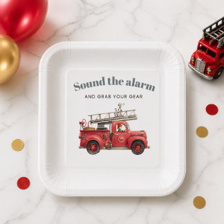 Plato De Papel Cumpleaños de Camión de Bomberos Suena la Alarma 