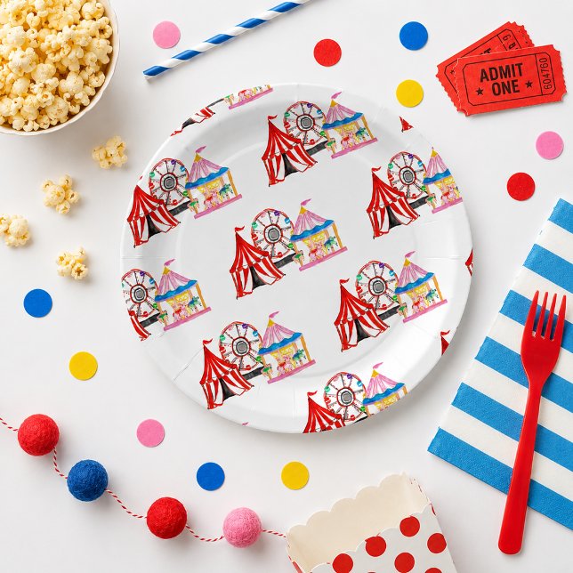 Plato De Papel Cumpleaños de Carnaval y Circo Dibujado a Mano Ado (Cute Hand Drawn Carnival Circus Birthday Paper Plates)