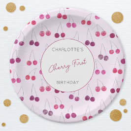 Plato De Papel Cumpleaños de cereza personalizado acuarela rosa
