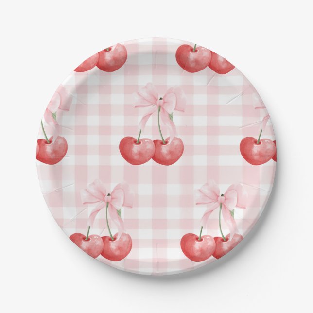 Plato De Papel Cumpleaños de Cherry Sweet Pink Gingham (Anverso)