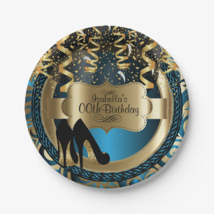 Plato De Papel Cumpleaños de Chica Azul con Tacones Altos Dorados