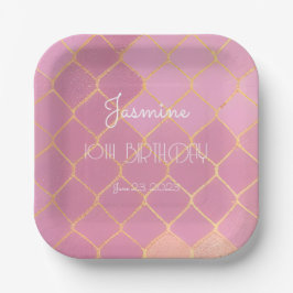 Plato De Papel Cumpleaños de Chica Purpurina de Oro Rosado