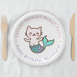 Plato De Papel Cumpleaños de chica sirena gato lindo Meowmaid Pur