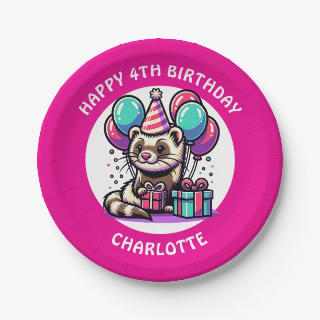Plato De Papel Cumpleaños de Chica temática Cute Ferret (Anverso)