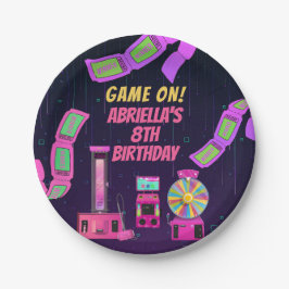 Plato De Papel Cumpleaños de chicas jugando y arcade