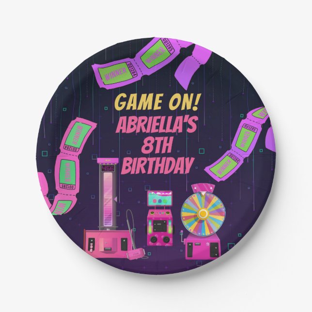 Plato De Papel Cumpleaños de chicas jugando y arcade (Anverso)