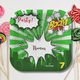 Plato De Papel cumpleaños de comedia verde de arte pop