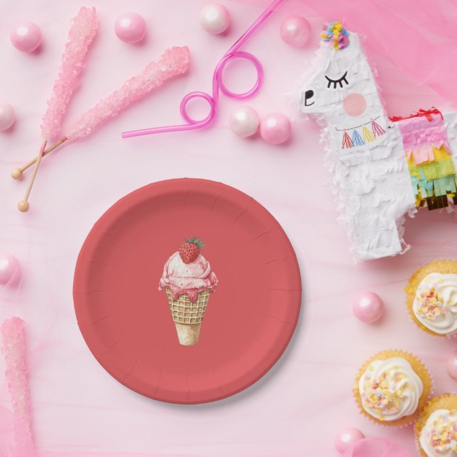 Plato De Papel Cumpleaños de Cono de Helado de Fresa (Fiesta)