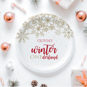 Plato De Papel Cumpleaños de copo de nieve rojo y dorado de invie