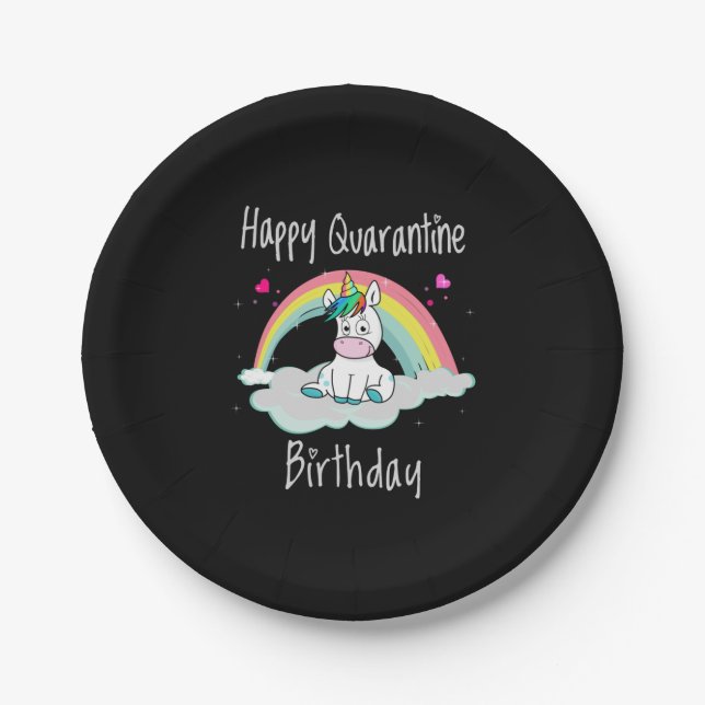 Plato De Papel Cumpleaños de Cuarentena Unicornio arcoíris (Anverso)