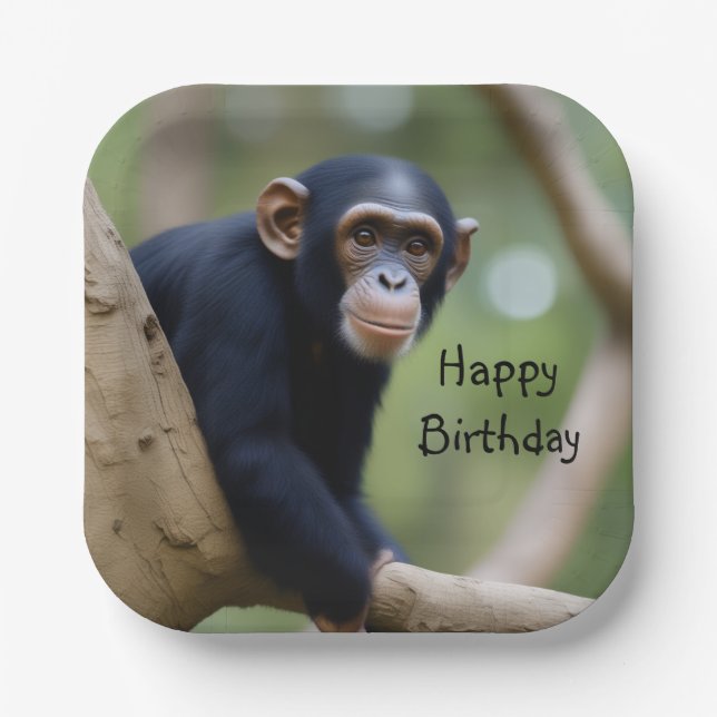 Plato De Papel Cumpleaños de Cute Chimpanzee (Anverso)