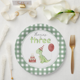 Plato De Papel Cumpleaños de Cute Dinosaur Three-rex