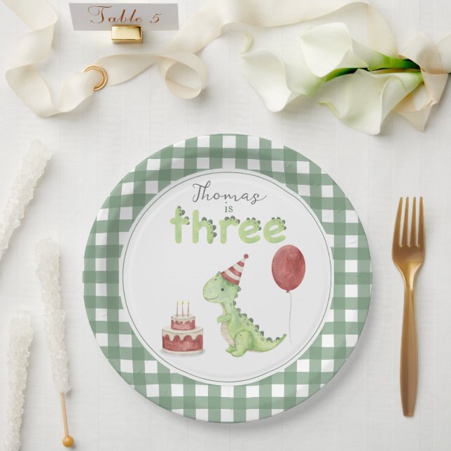 Plato De Papel Cumpleaños de Cute Dinosaur Three-rex (Boda)