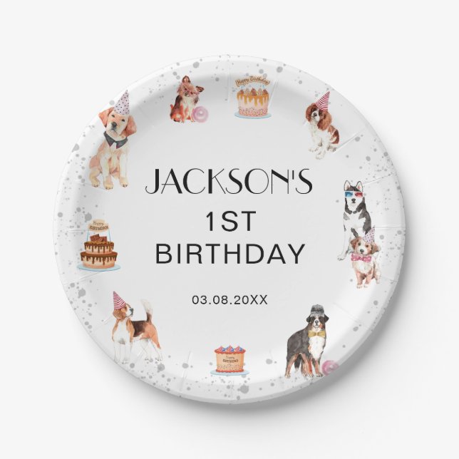Plato De Papel Cumpleaños de Cute Dog Paw-Fiesta (Anverso)