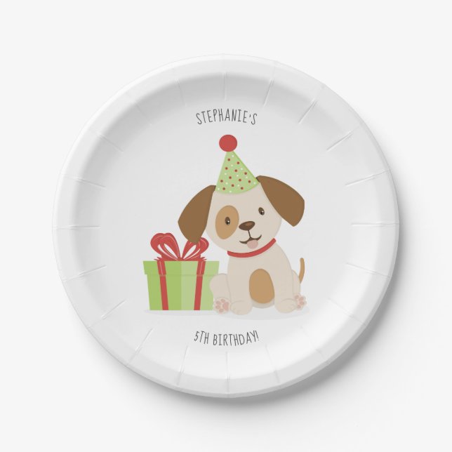 Plato De Papel Cumpleaños de Cute Puppy (Anverso)