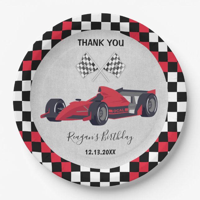 Plato De Papel Cumpleaños de Cute Red Race Car (Anverso)