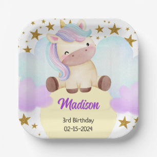 Plato De Papel Cumpleaños de Cute Unicorn y Gold Stars