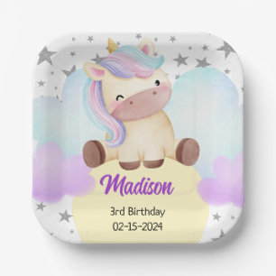 Plato De Papel Cumpleaños de Cute Unicorn y Silver Stars