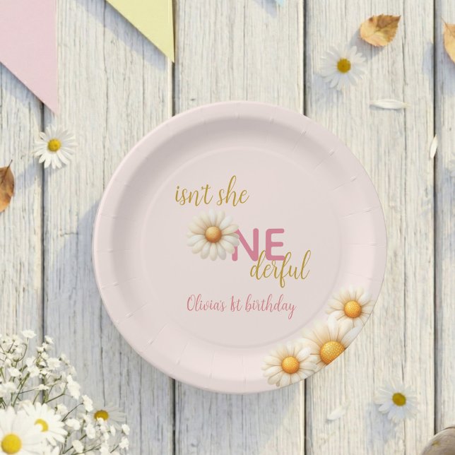 Plato De Papel Cumpleaños de Daisy 1 ¿No es simplemente UNica? Ro (Daisy 1st Birthday Isn't She ONEderful Pink Boho Paper Plates)