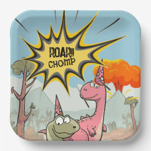 Plato De Papel Cumpleaños de Dino Roarsome, Cute Cartoon Dino