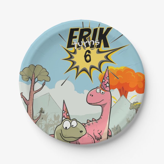 Plato De Papel Cumpleaños de Dinos Roaros, Dinosaurio de Dibujos  (Anverso)