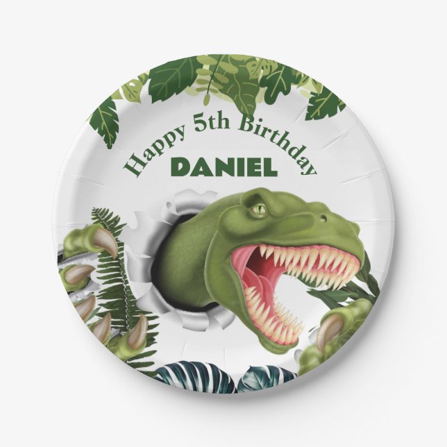 Plato De Papel Cumpleaños de Dinosaurio 3D (Anverso)