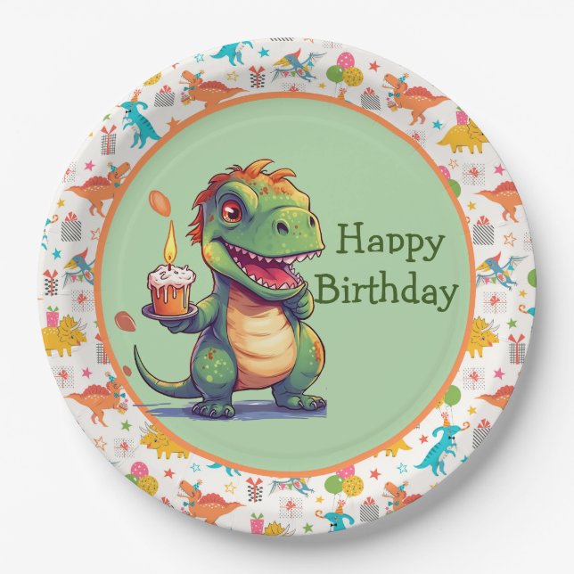 Plato De Papel Cumpleaños de dinosaurios para niños  (Anverso)