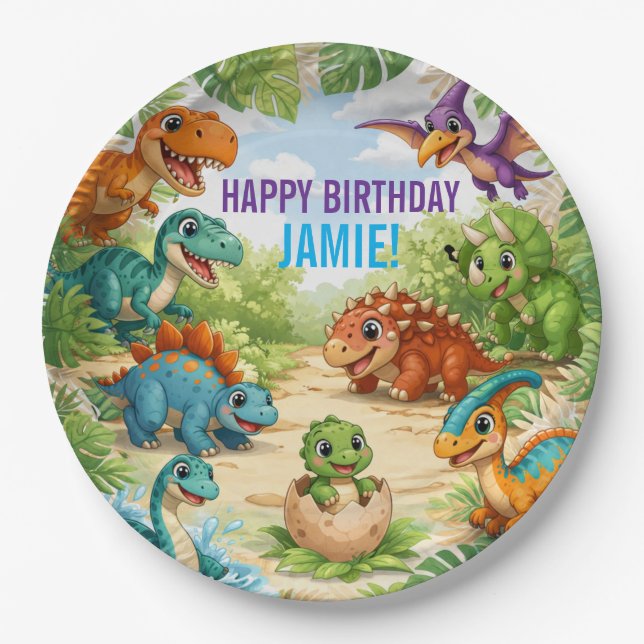 Plato De Papel Cumpleaños de dinosaurios para niños lindos (Anverso)