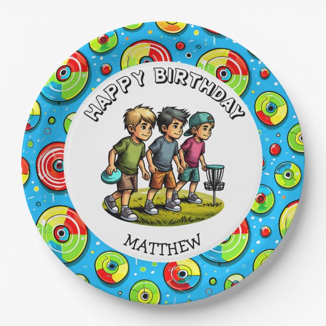 Plato De Papel Cumpleaños de Disk Golf Boy personalizado (Anverso)