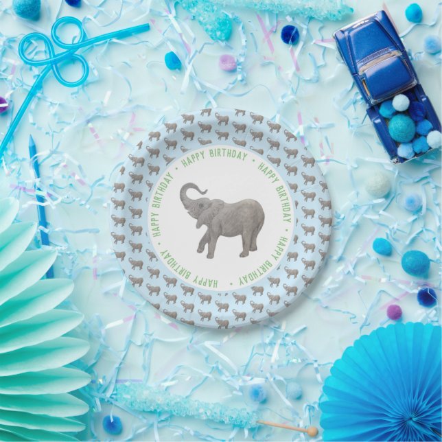 Plato De Papel Cumpleaños de elefante bebé azul claro (Fiesta)
