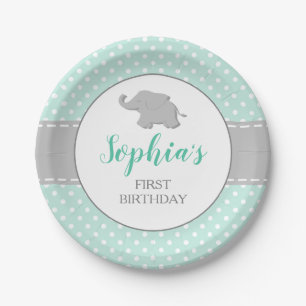 Plato De Papel Cumpleaños de Elefante Verde Menta con Lunares 1er