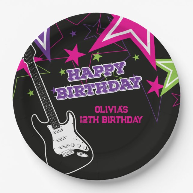 Plato De Papel Cumpleaños de estrella de rock Guitarra Estrellas  (Anverso)