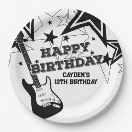 Plato De Papel Cumpleaños de estrella de rock Guitarra negra blan