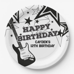 Plato De Papel Cumpleaños de estrella de rock Guitarra negra blan