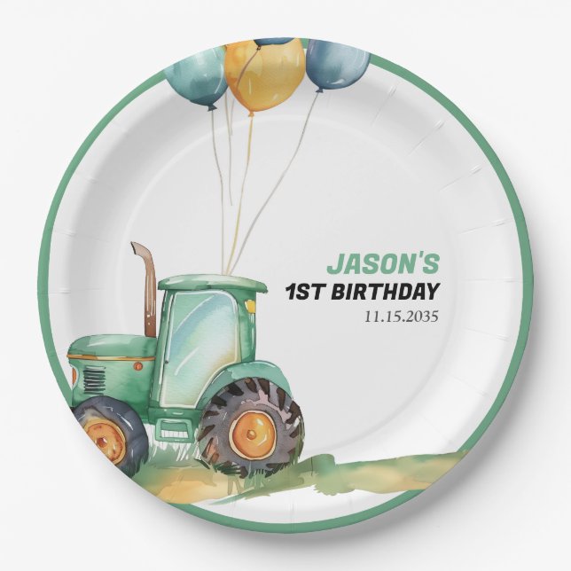 Plato De Papel Cumpleaños de Farm Green Tractor (Anverso)